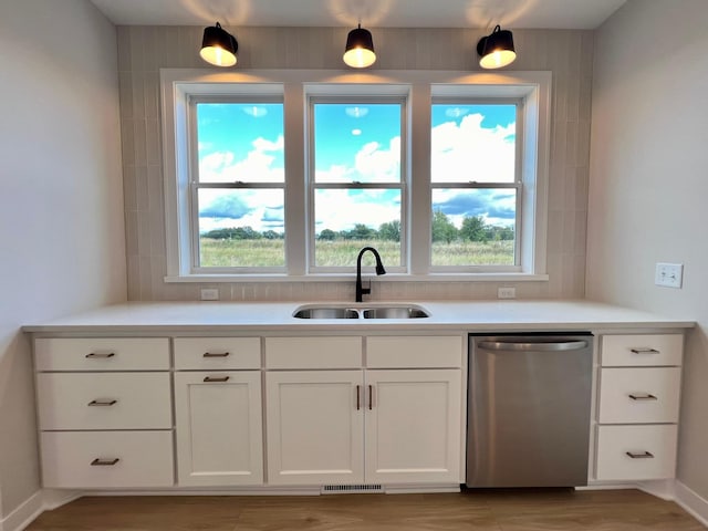 kitchen featuring stainless steel dishwasher, sink, and white cabinets