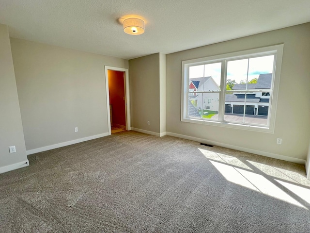 spare room featuring a textured ceiling and carpet