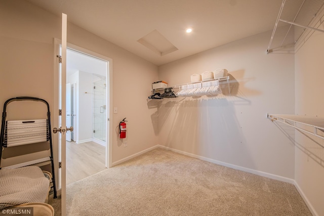 spacious closet with light colored carpet