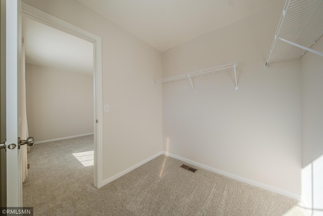 walk in closet with light colored carpet