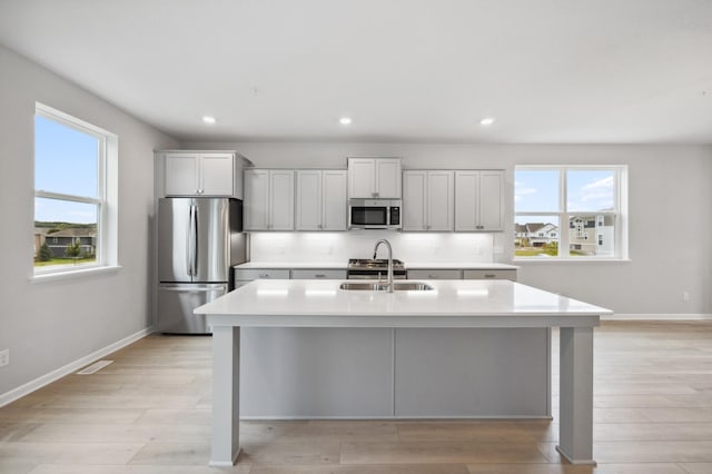 kitchen featuring appliances with stainless steel finishes, a wealth of natural light, sink, a kitchen island with sink, and light wood-type flooring