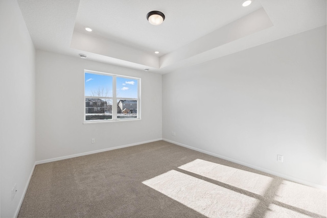 spare room featuring a raised ceiling and carpet flooring