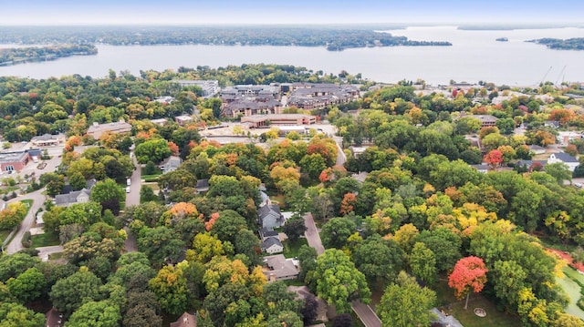 aerial view with a water view and a residential view