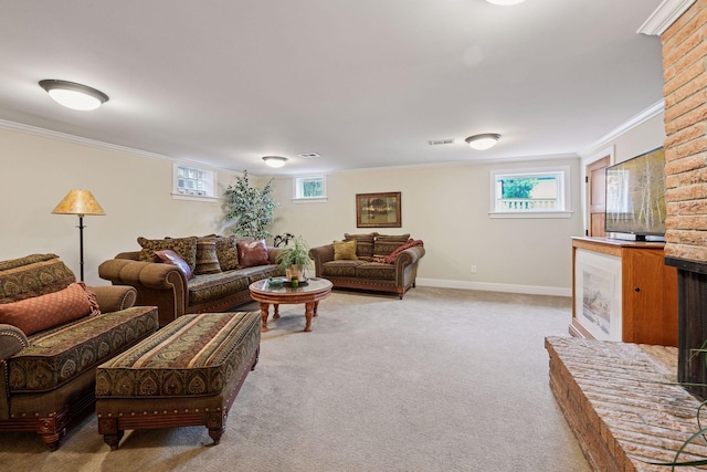 carpeted living room with visible vents, baseboards, and ornamental molding