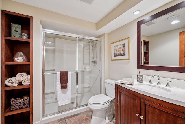 full bath with visible vents, a shower stall, toilet, and vanity