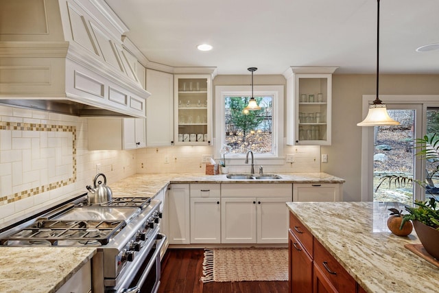 kitchen with high end stainless steel range, a sink, custom range hood, dark wood finished floors, and glass insert cabinets