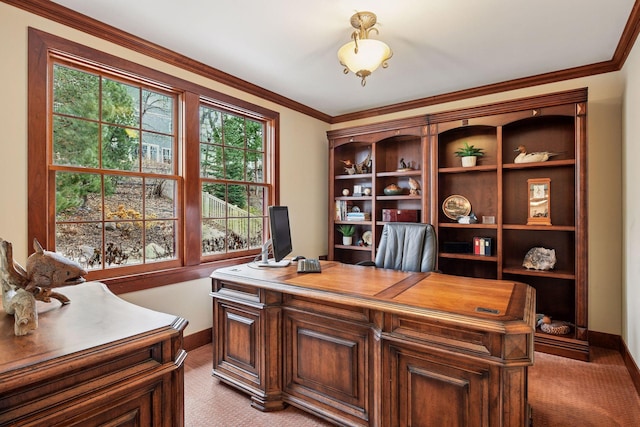 home office with light carpet, baseboards, healthy amount of natural light, and crown molding