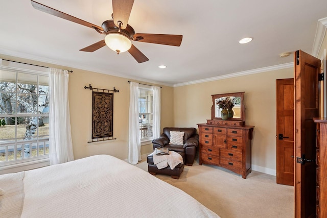 bedroom with baseboards, ornamental molding, light carpet, recessed lighting, and ceiling fan