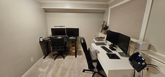 office featuring light carpet and crown molding