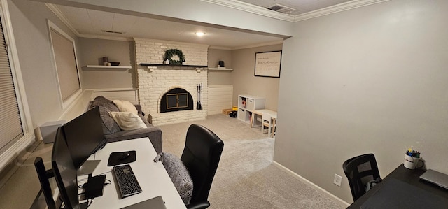 carpeted living room featuring ornamental molding and a brick fireplace