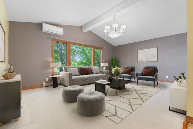 1697 Shore Dr, Arthur Twp, MN 55051 - living area featuring a wall mounted AC, carpet floors, a chandelier, a baseboard radiator, and baseboards