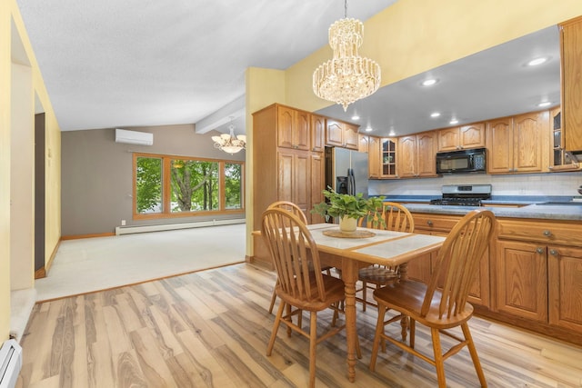 1697 Shore Dr, Arthur Twp, MN 55051 - dining room with a chandelier, a wall unit AC, light wood-type flooring, baseboard heating, and recessed lighting