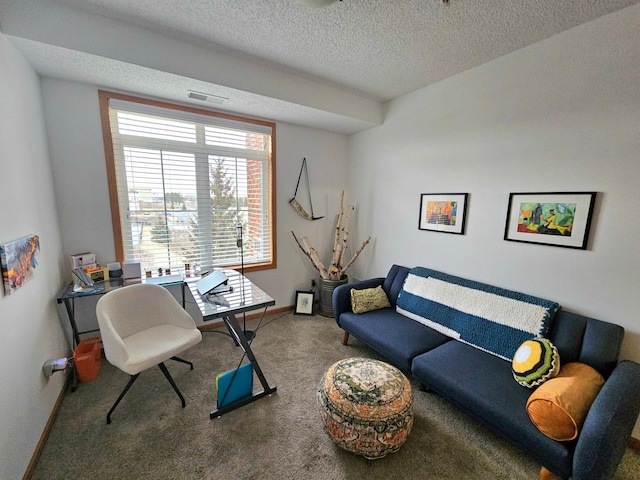 living area with a textured ceiling, carpet, visible vents, and baseboards