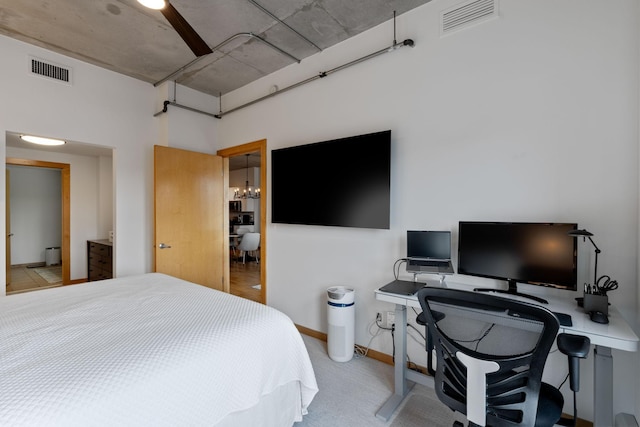 bedroom with ceiling fan and light colored carpet