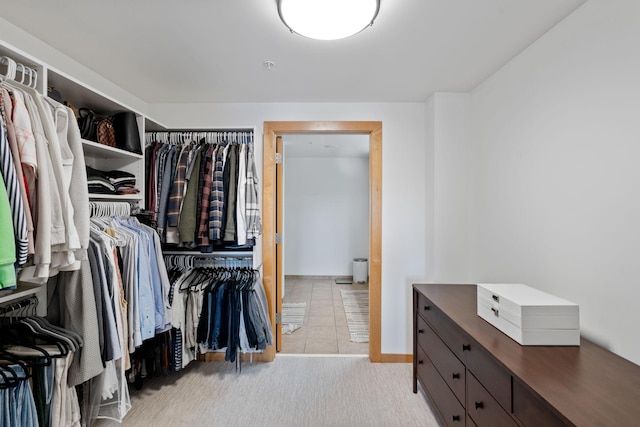 walk in closet with light carpet