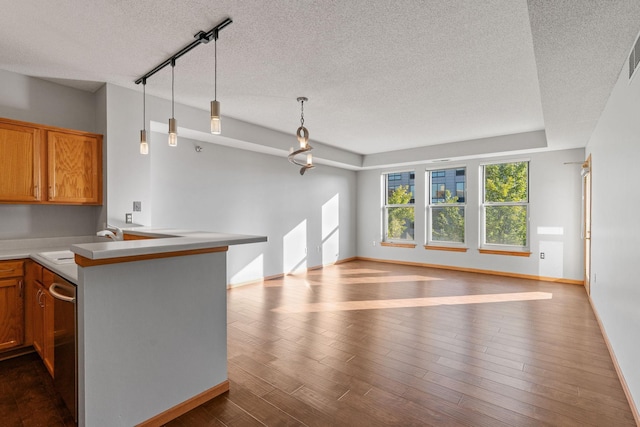 kitchen with hardwood / wood-style floors, decorative light fixtures, sink, and kitchen peninsula