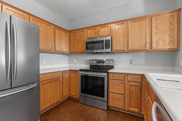 kitchen with sink, dark wood-type flooring, a textured ceiling, and appliances with stainless steel finishes