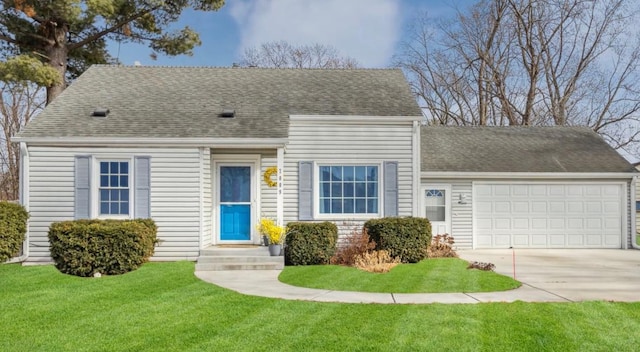 cape cod house with a front lawn, an attached garage, roof with shingles, and driveway