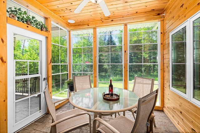 sunroom / solarium featuring wood ceiling and ceiling fan