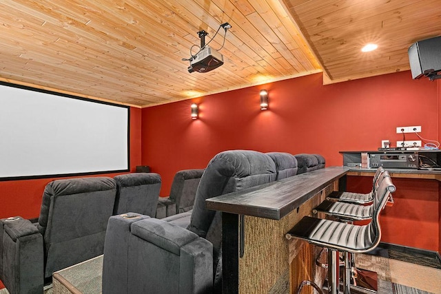 home theater featuring wooden ceiling