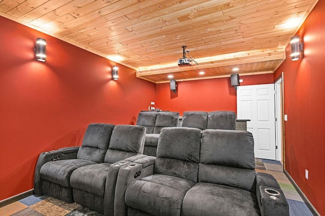 cinema with wood ceiling and carpet floors