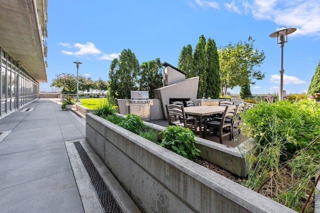 exterior space featuring outdoor dining area and an outdoor kitchen