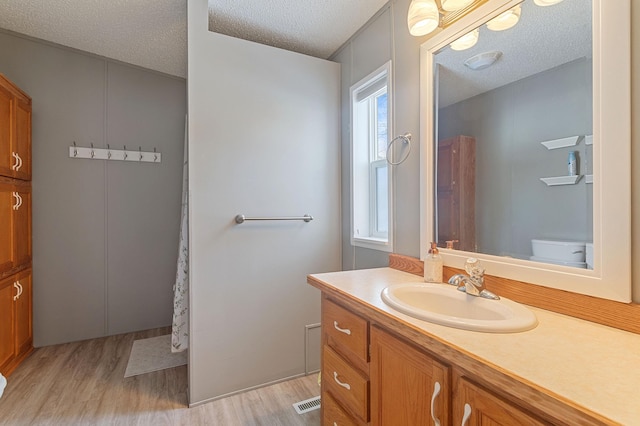 bathroom featuring wood-type flooring, vanity, a textured ceiling, and toilet