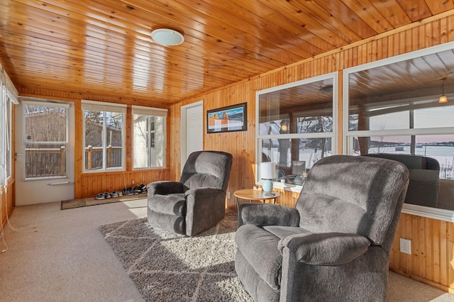 sitting room with carpet, wooden ceiling, and wooden walls