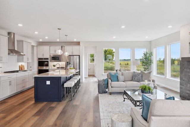 living room featuring sink and hardwood / wood-style flooring