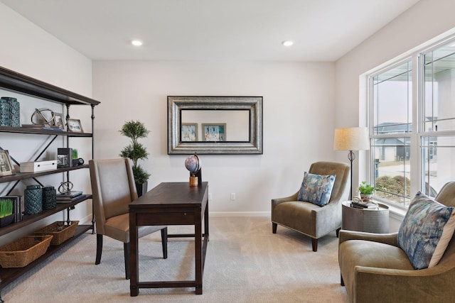 office area featuring light colored carpet