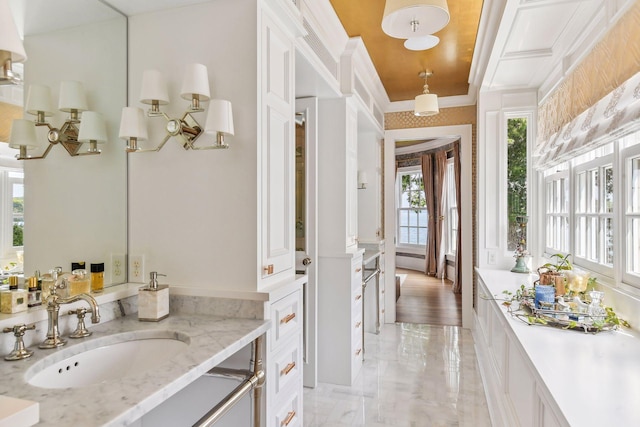 20100 Lakeview Ave, Deephaven, MN 55331 - bathroom with vanity and crown molding