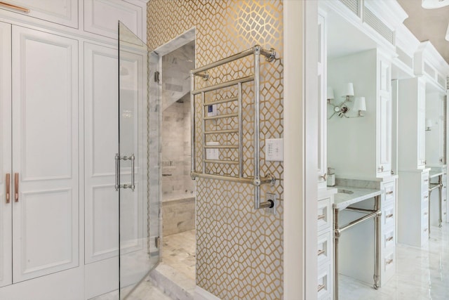 20100 Lakeview Ave, Deephaven, MN 55331 - full bathroom with vanity, a shower stall, and wallpapered walls