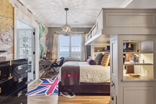 20100 Lakeview Ave, Deephaven, MN 55331 - bedroom featuring a chandelier, light wood-style floors, and ornamental molding