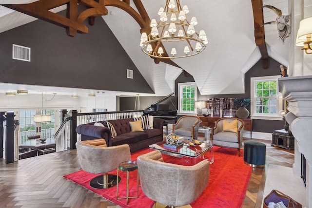 20100 Lakeview Ave, Deephaven, MN 55331 - living area with a chandelier, plenty of natural light, high vaulted ceiling, and beamed ceiling