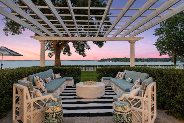 20100 Lakeview Ave, Deephaven, MN 55331 - view of patio with an outdoor living space, a pergola, and a water view