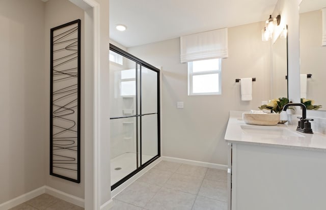 bathroom featuring tile patterned flooring, vanity, and walk in shower