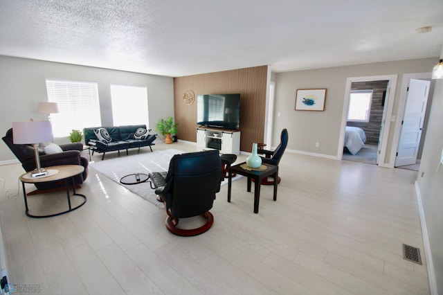 living room with light hardwood / wood-style floors and a textured ceiling