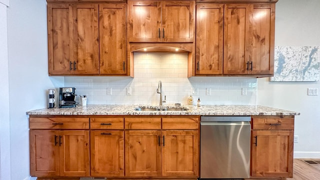 kitchen featuring light stone counters, dishwasher, sink, and backsplash