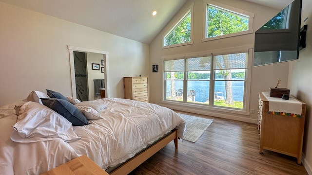 bedroom with multiple windows, dark hardwood / wood-style floors, connected bathroom, and high vaulted ceiling