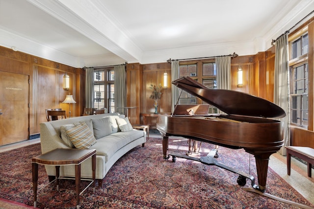 misc room with ornamental molding, carpet floors, and wood walls