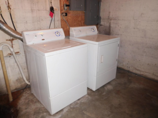 laundry room with electric panel and washer and clothes dryer