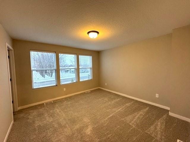 unfurnished room featuring carpet and a textured ceiling