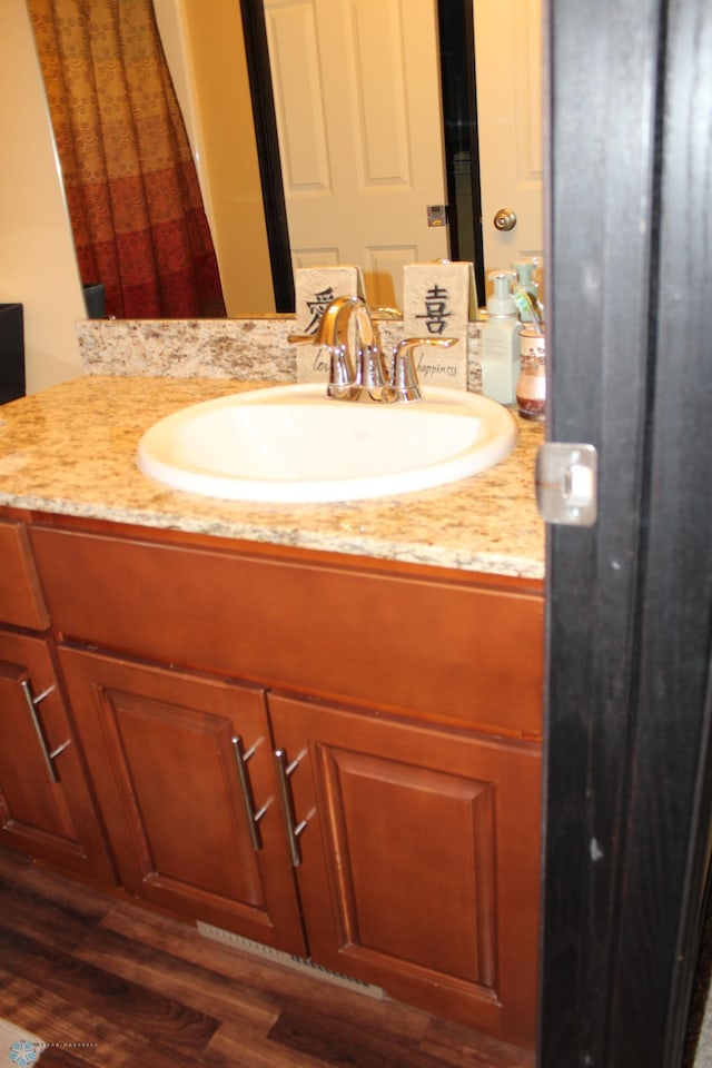 bathroom with wood-type flooring and vanity