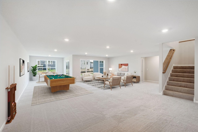 game room with pool table and light carpet