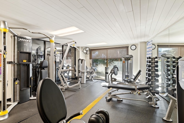 exercise room featuring wooden ceiling