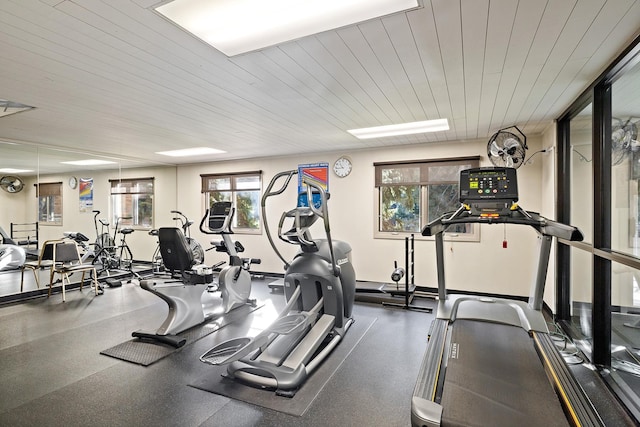 workout area featuring wooden ceiling