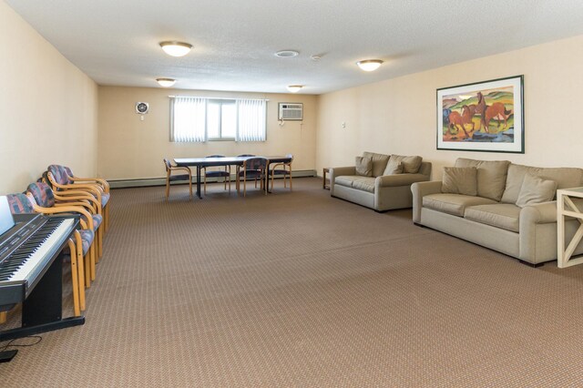 carpeted living area with a textured ceiling