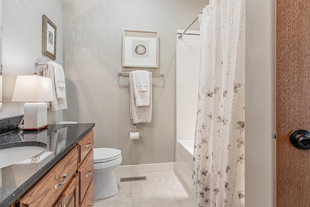 full bathroom with tile patterned flooring, vanity, shower / bath combo, and toilet