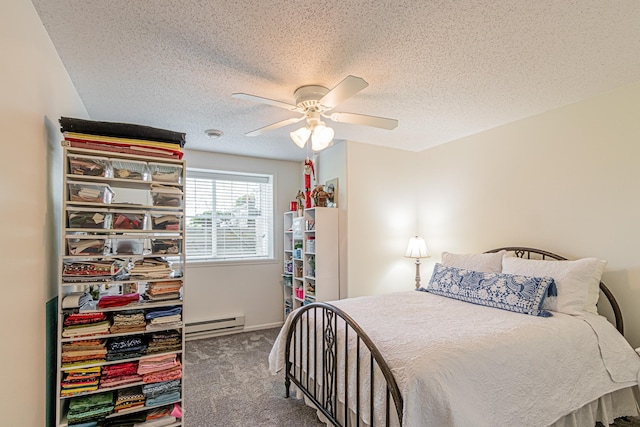 carpeted bedroom with ceiling fan, a textured ceiling, and baseboard heating