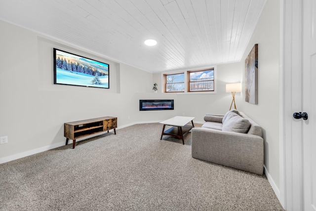 carpeted living room featuring wooden ceiling